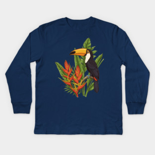 Tropical Toucan With Heliconia Jungle Flowers Kids Long Sleeve T-Shirt