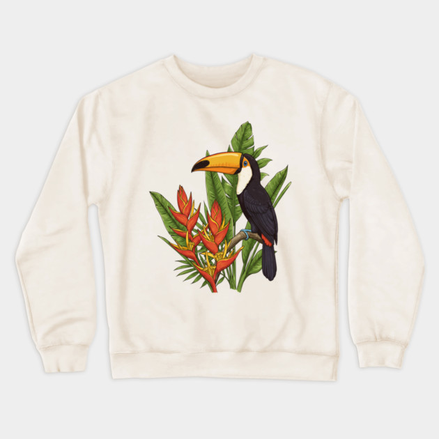 Tropical Toucan With Heliconia Jungle Flowers Crewneck Sweatshirt by BirdsnStuff