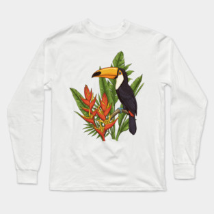 Tropical Toucan With Heliconia Jungle Flowers Long Sleeve T-Shirt