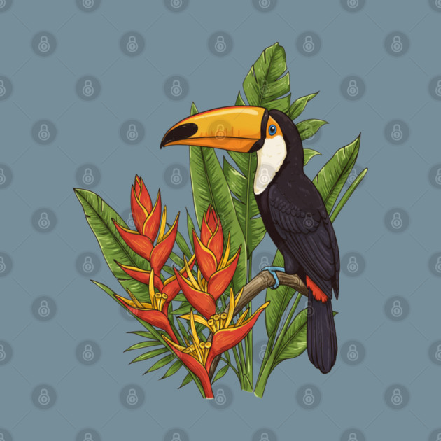 Tropical Toucan With Heliconia Jungle Flowers by BirdsnStuff
