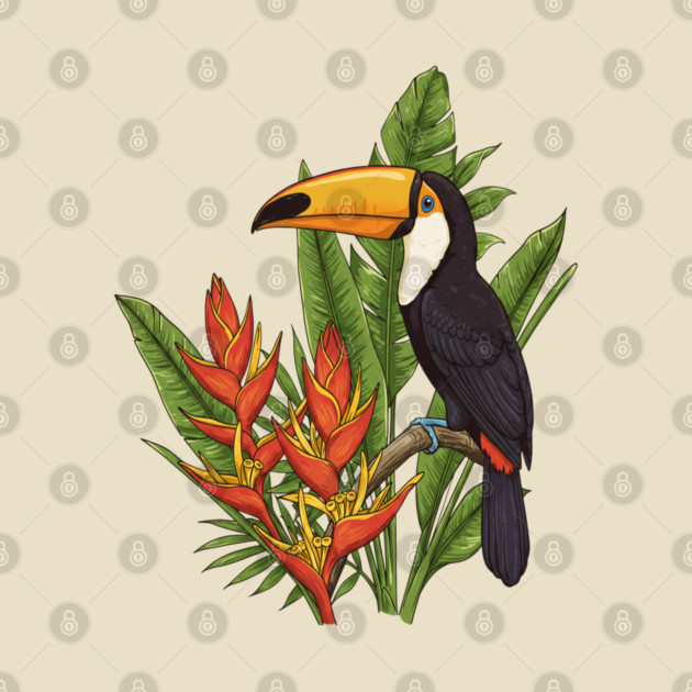 Tropical Toucan With Heliconia Jungle Flowers by BirdsnStuff