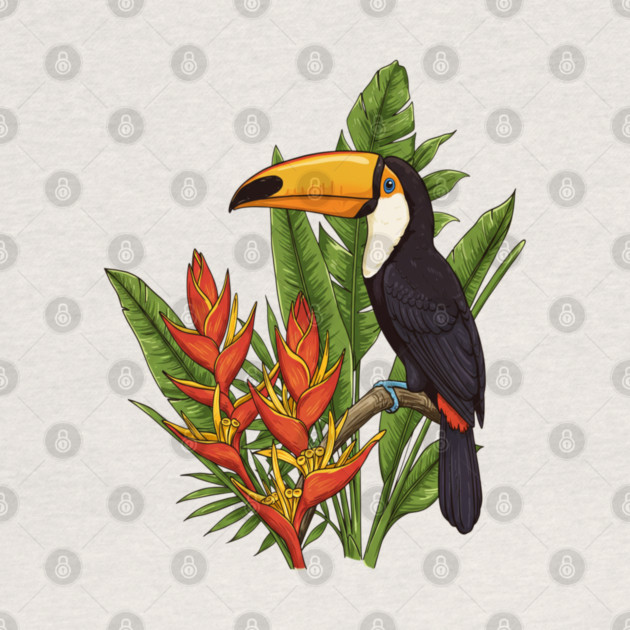 Tropical Toucan With Heliconia Jungle Flowers by BirdsnStuff