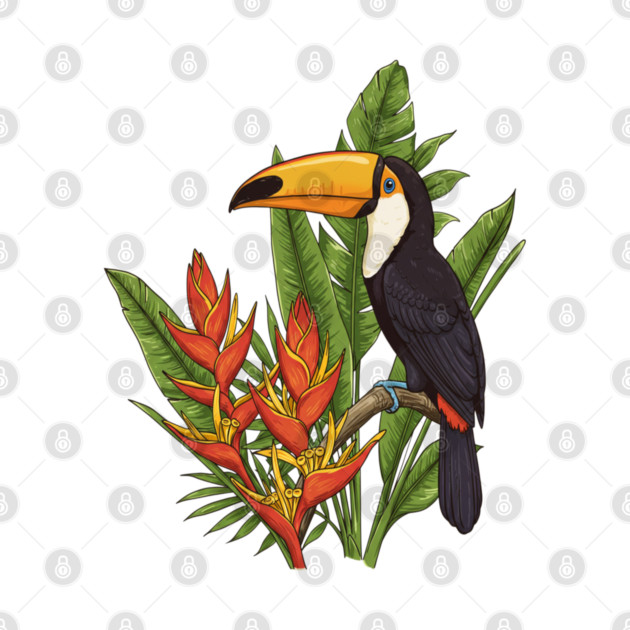Tropical Toucan With Heliconia Jungle Flowers by BirdsnStuff