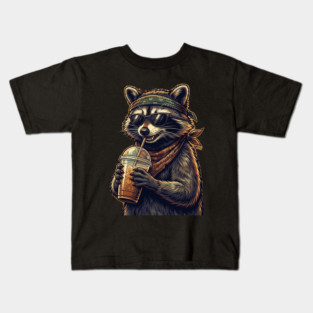 raccoon-drinking-iced-coffee Kids T-Shirt