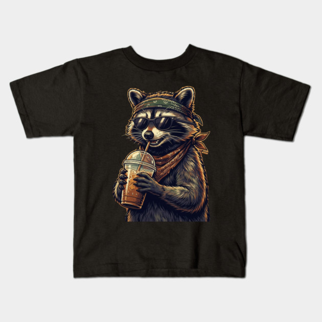 raccoon-drinking-iced-coffee Kids T-Shirt by Creatifly Graphic Tees