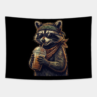 raccoon-drinking-iced-coffee Tapestry