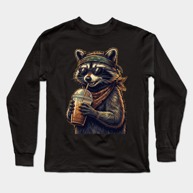raccoon-drinking-iced-coffee Long Sleeve T-Shirt by Creatifly Graphic Tees