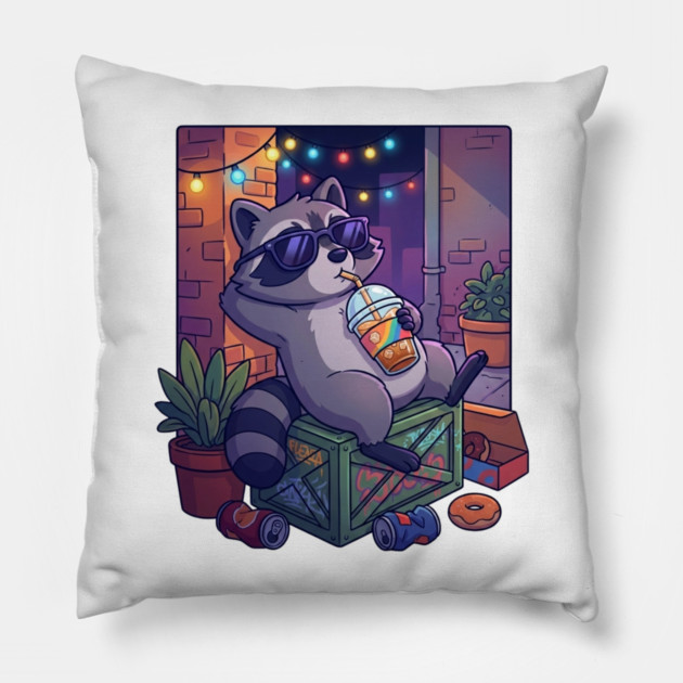 raccoon-drinking-iced-coffee Pillow by Creatifly Graphic Tees
