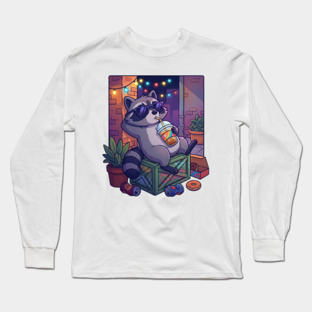 raccoon-drinking-iced-coffee Long Sleeve T-Shirt by Creatifly Graphic Tees