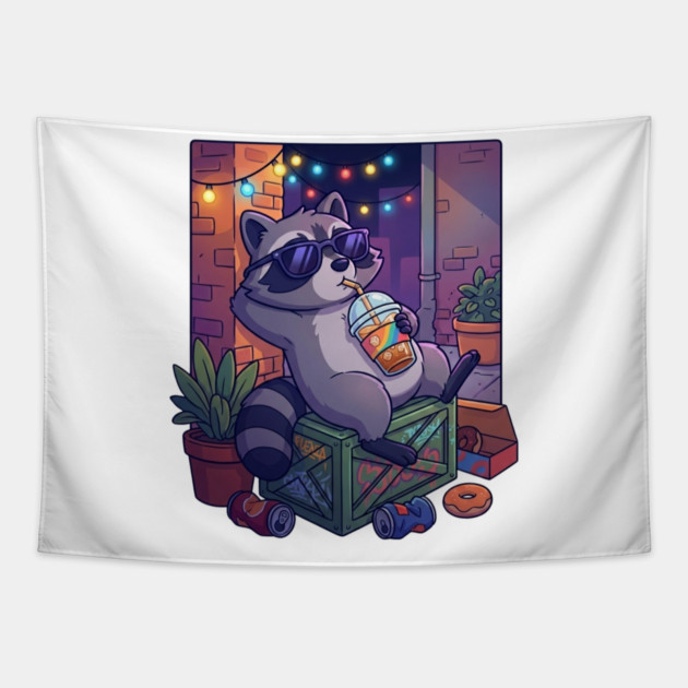 raccoon-drinking-iced-coffee Tapestry by Creatifly Graphic Tees