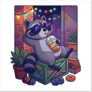 raccoon-drinking-iced-coffee Posters and Art