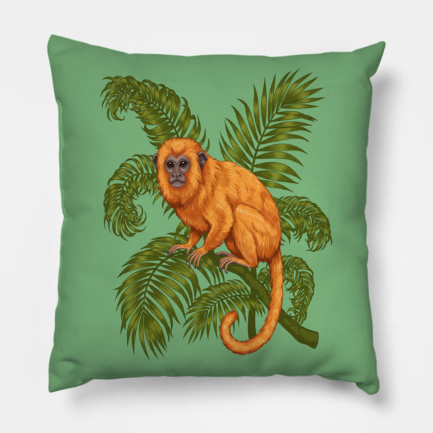 Golden Lion Tamarin Among Tropical Palms Pillow by BirdsnStuff