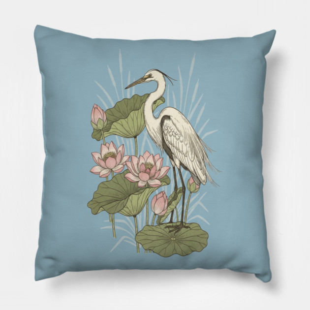 Great Egret with Lotus Flowers Pillow by BirdsnStuff