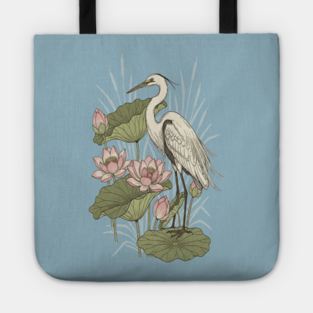 Great Egret with Lotus Flowers Tote by BirdsnStuff