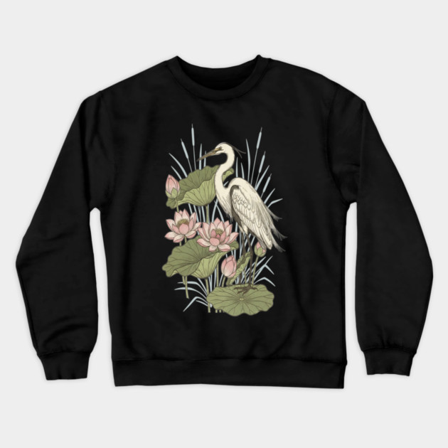 Great Egret with Lotus Flowers Crewneck Sweatshirt by BirdsnStuff