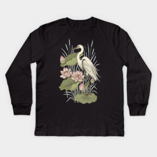 Great Egret with Lotus Flowers Kids Long Sleeve T-Shirt
