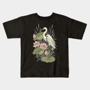 Great Egret with Lotus Flowers Kids T-Shirt