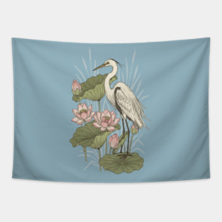 Great Egret with Lotus Flowers Tapestry