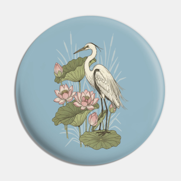Great Egret with Lotus Flowers Pin by BirdsnStuff