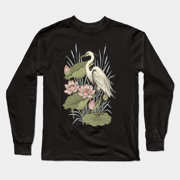 Great Egret with Lotus Flowers Long Sleeve T-Shirt by BirdsnStuff