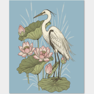 Great Egret with Lotus Flowers Posters and Art