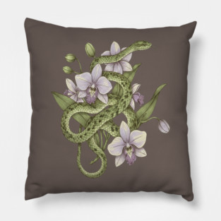 Green Vine Snake with Orchid Flowers Pillow