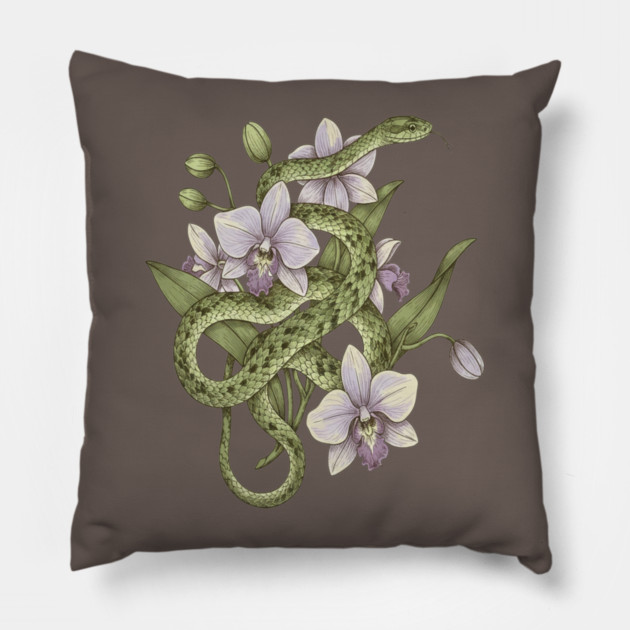Green Vine Snake with Orchid Flowers Pillow by BirdsnStuff