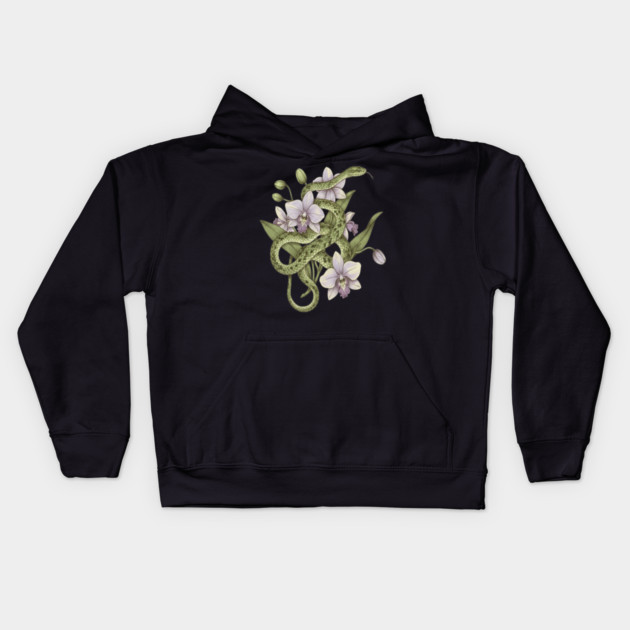 Green Vine Snake with Orchid Flowers Kids Hoodie by BirdsnStuff