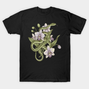 Green Vine Snake with Orchid Flowers T-Shirt