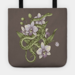 Green Vine Snake with Orchid Flowers Tote