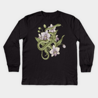 Green Vine Snake with Orchid Flowers Kids Long Sleeve T-Shirt