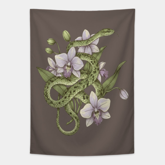 Green Vine Snake with Orchid Flowers Tapestry by BirdsnStuff