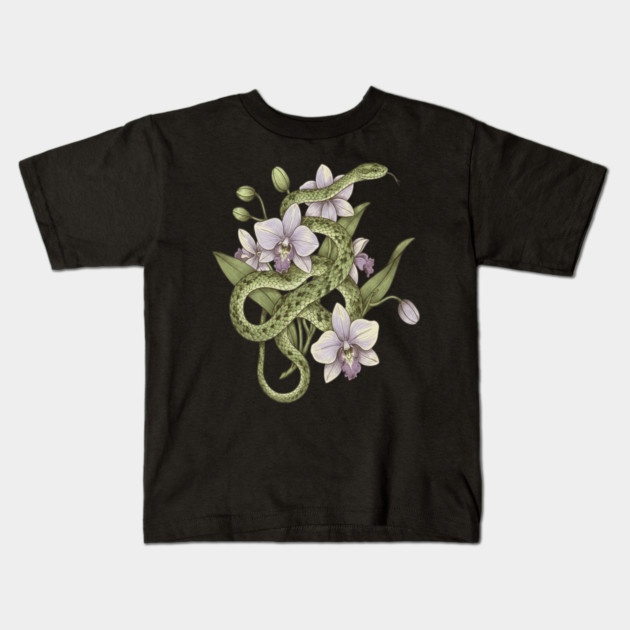 Green Vine Snake with Orchid Flowers Kids T-Shirt by BirdsnStuff