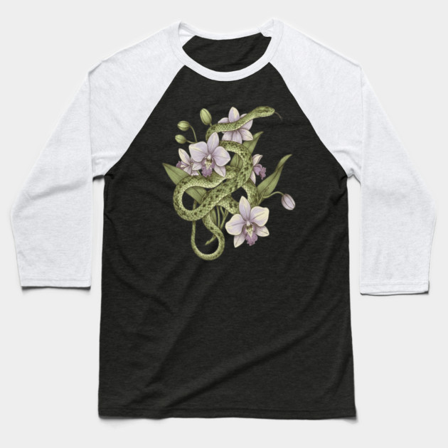 Green Vine Snake with Orchid Flowers Baseball T-Shirt by BirdsnStuff