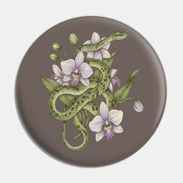 Green Vine Snake with Orchid Flowers Pin by BirdsnStuff