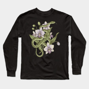 Green Vine Snake with Orchid Flowers Long Sleeve T-Shirt