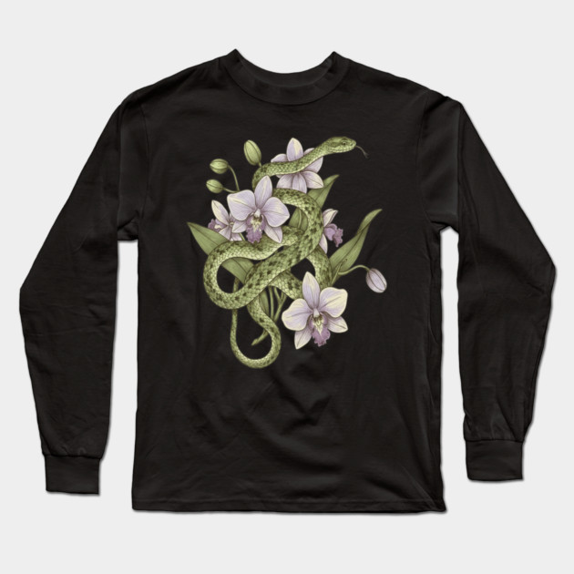 Green Vine Snake with Orchid Flowers Long Sleeve T-Shirt by BirdsnStuff