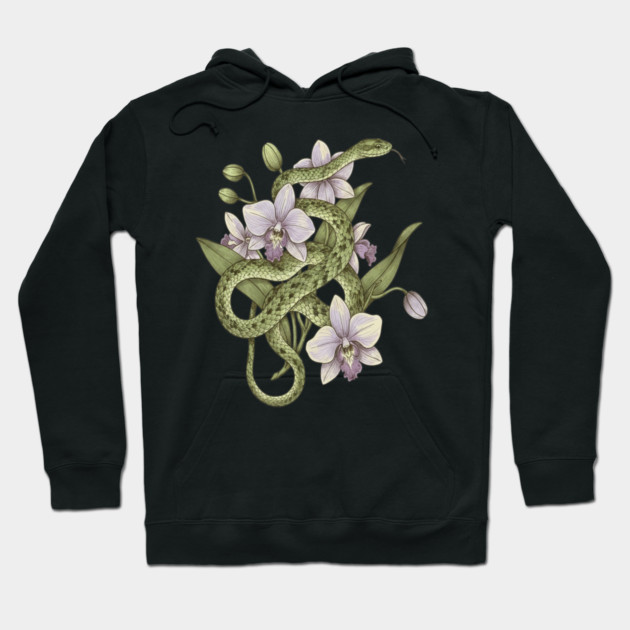 Green Vine Snake with Orchid Flowers Hoodie by BirdsnStuff