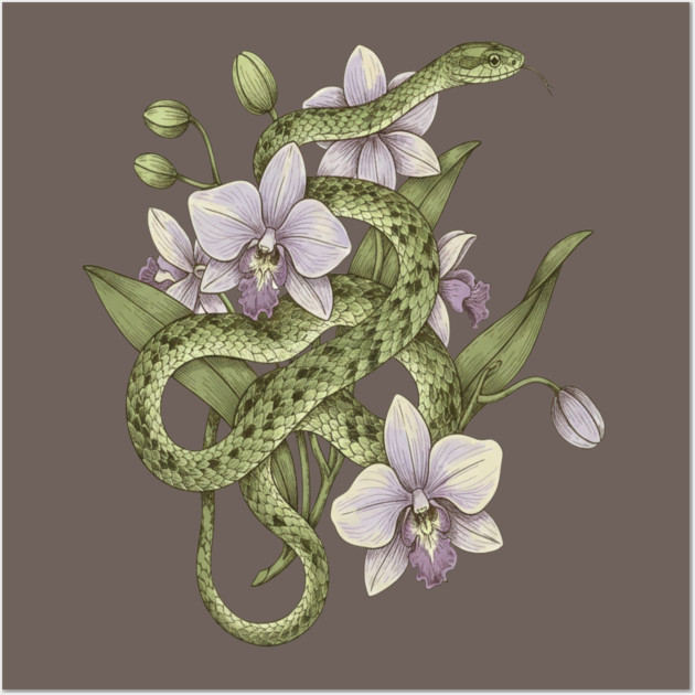 Green Vine Snake with Orchid Flowers Wall Art by BirdsnStuff