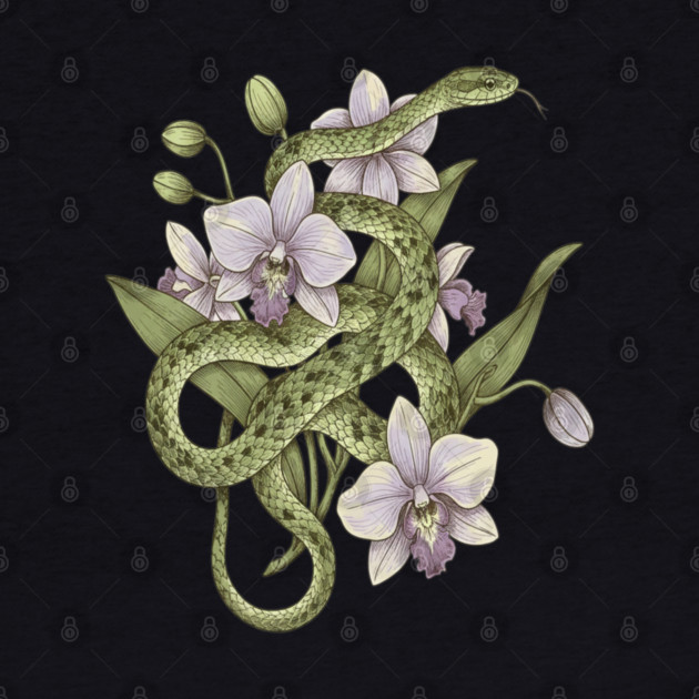 Green Vine Snake with Orchid Flowers by BirdsnStuff