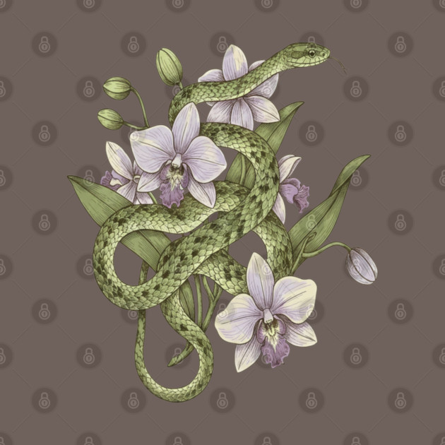 Green Vine Snake with Orchid Flowers by BirdsnStuff