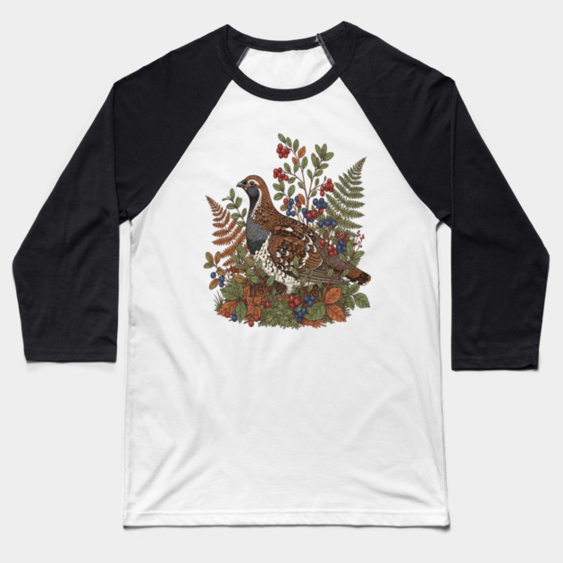 Hazel Grouse in Woodland Berries Baseball T-Shirt by BirdsnStuff