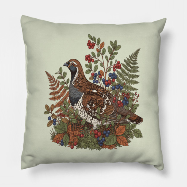 Hazel Grouse in Woodland Berries Pillow by BirdsnStuff