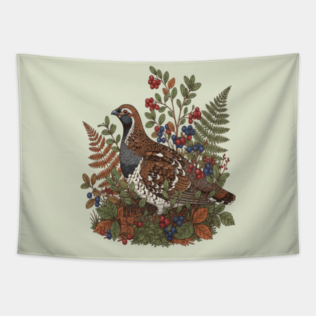 Hazel Grouse in Woodland Berries Tapestry by BirdsnStuff
