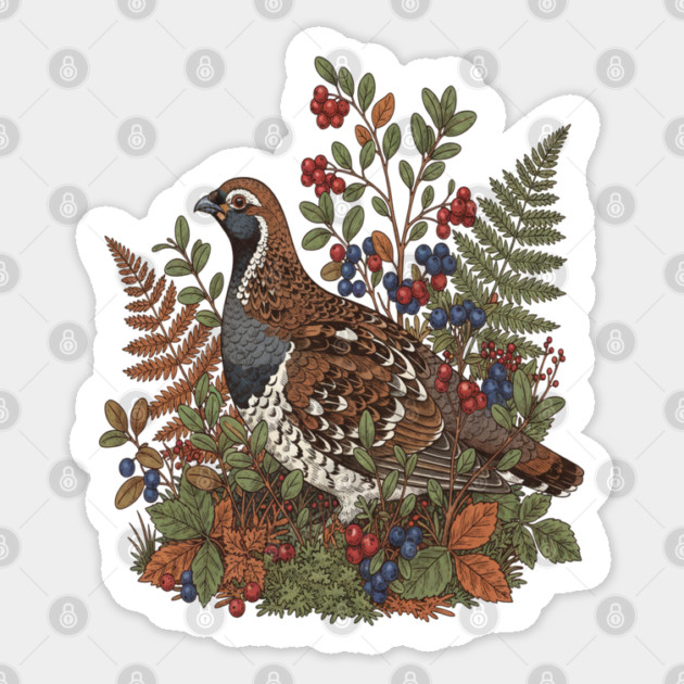 Hazel Grouse in Woodland Berries Sticker by BirdsnStuff