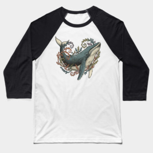 Humpback Whale Surrounded by Sea Botanicals Baseball T-Shirt