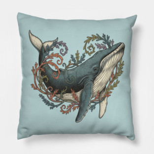Humpback Whale Surrounded by Sea Botanicals Pillow