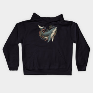Humpback Whale Surrounded by Sea Botanicals Kids Hoodie