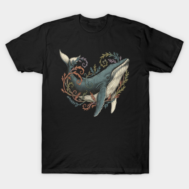 Humpback Whale Surrounded by Sea Botanicals T-Shirt by BirdsnStuff