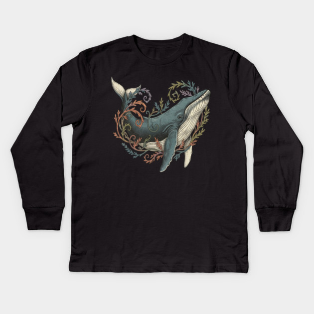 Humpback Whale Surrounded by Sea Botanicals Kids Long Sleeve T-Shirt by BirdsnStuff